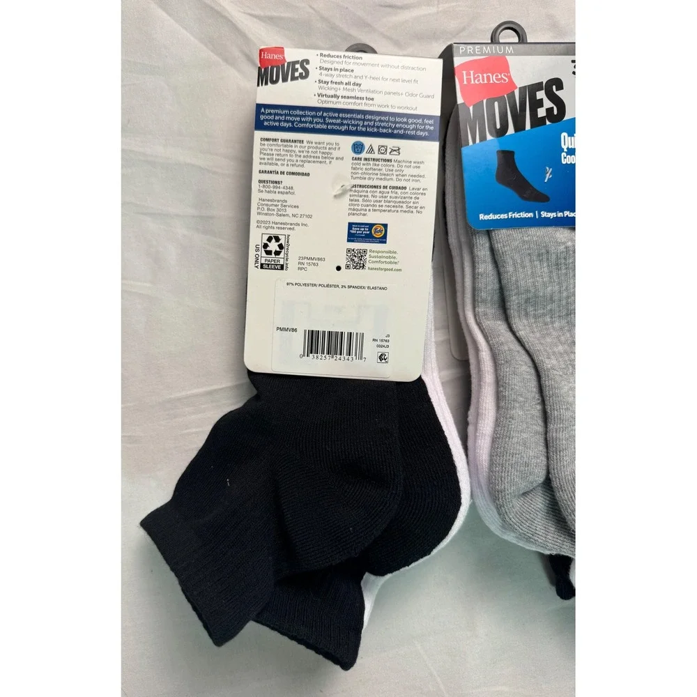 Hanes Moves Mens Ankle Socks 6 Pair Lot Quick-Dry Cooling Black White Grey 6-12